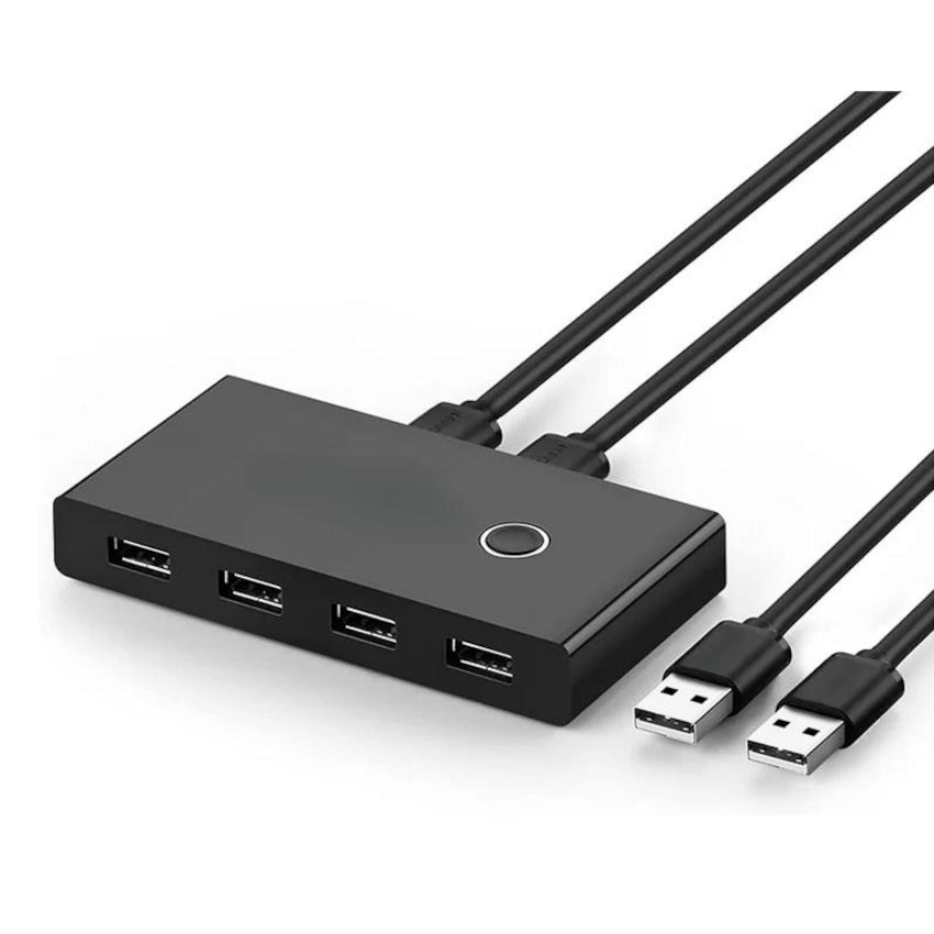 Black USB hub Splitter with multiple ports and cables on a white background