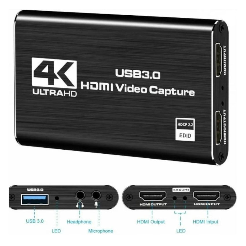 4K UltraHD USB3.0 HDMI Video Capture device with labeled ports on a white background