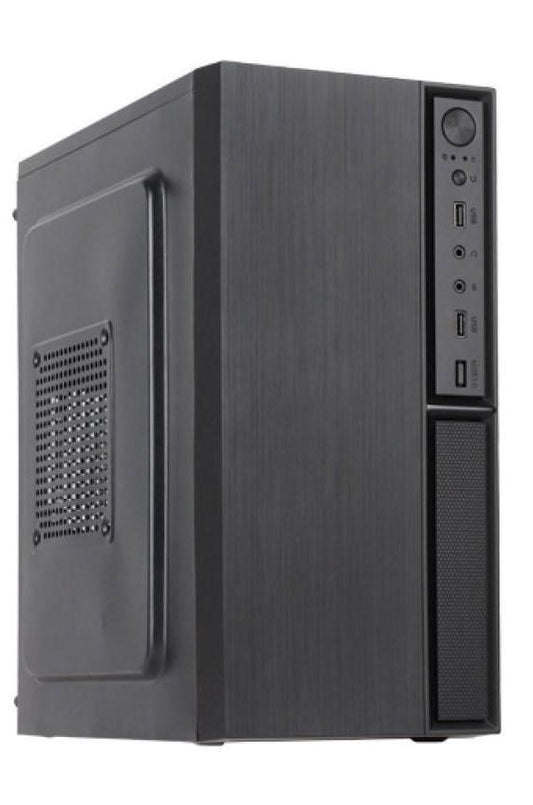 Black computer tower on a white background