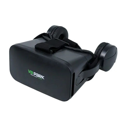 Angled front view of the black VRPARK J20 VR headset with branding on a white background