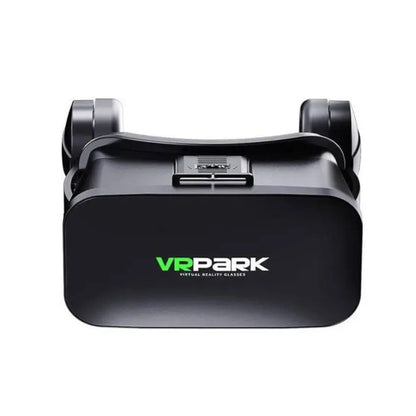 Front view of the black VRPARK J20 VR headset with branding on a white background