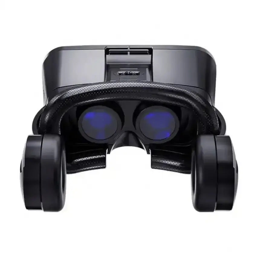 Top angled internal view of the black VRPARK J20 VR headset with shoeing the viewing lenses and headset on a white background