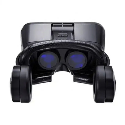 Top angled internal view of the black VRPARK J20 VR headset with shoeing the viewing lenses and headset on a white background