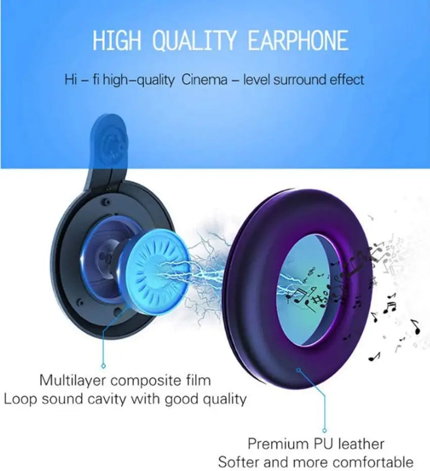 High-quality earphone diagram of the headphones on the VRPARK J20 virtual headset with blue and purple design on a white background