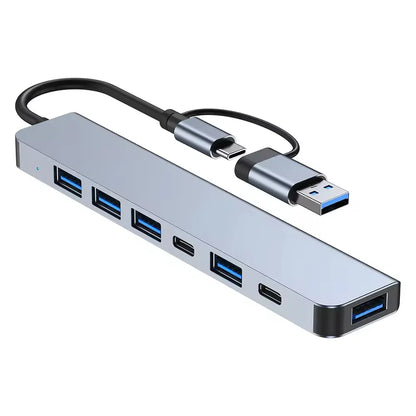 Aluminium 7 in 1 USB hub with multiple ports on a white background