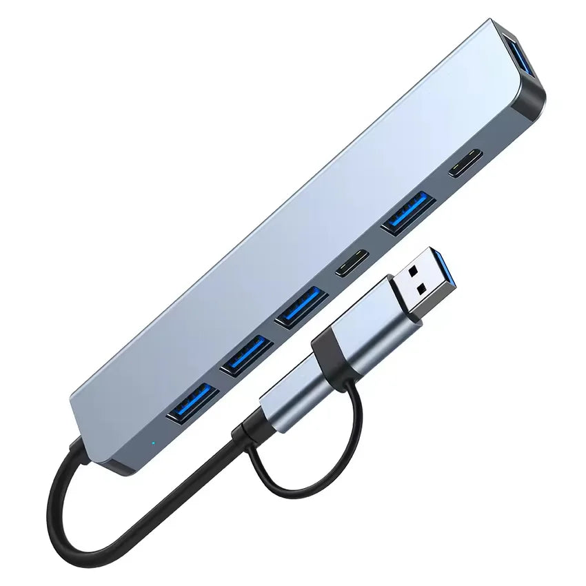7 in 1 Aluminium USB hub with multiple ports on a white background