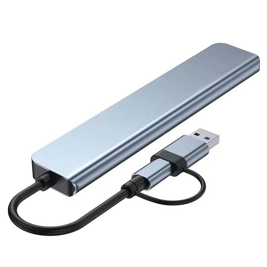 Rear view of the Metallic 7 in 1 USB hub with cable on a white background