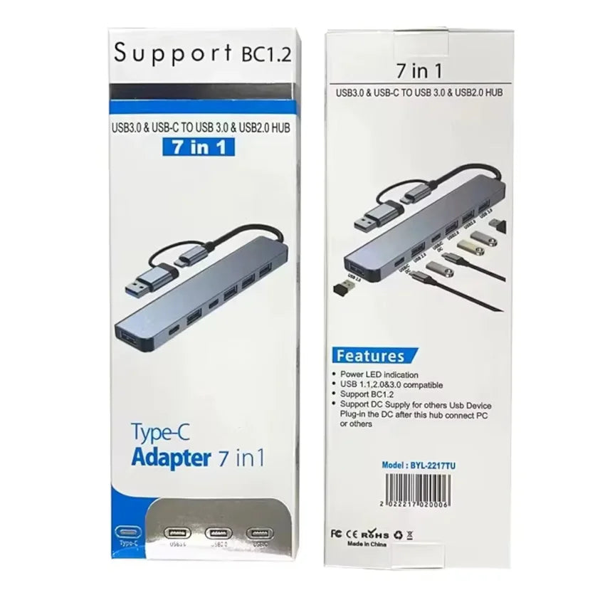 Two packaging boxes for a 7-in-1 USB adapter with Type-C connection on a white background.