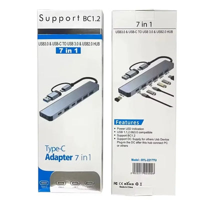 Two packaging boxes for a 7-in-1 USB adapter with Type-C connection on a white background.