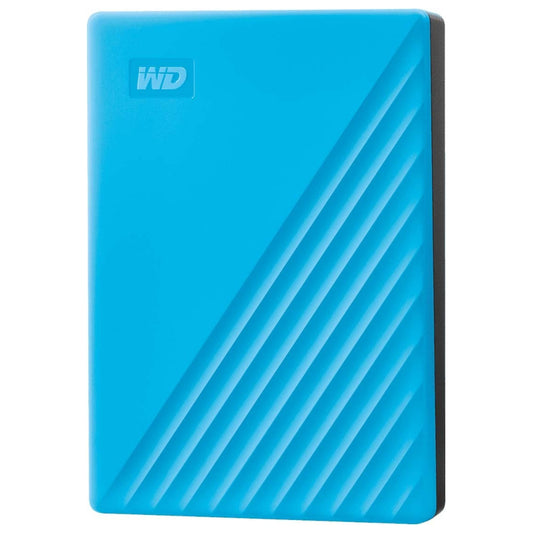Blue external hard drive with Western Digital logo on a white background