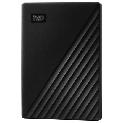 Black external hard drive with WD logo on a white background