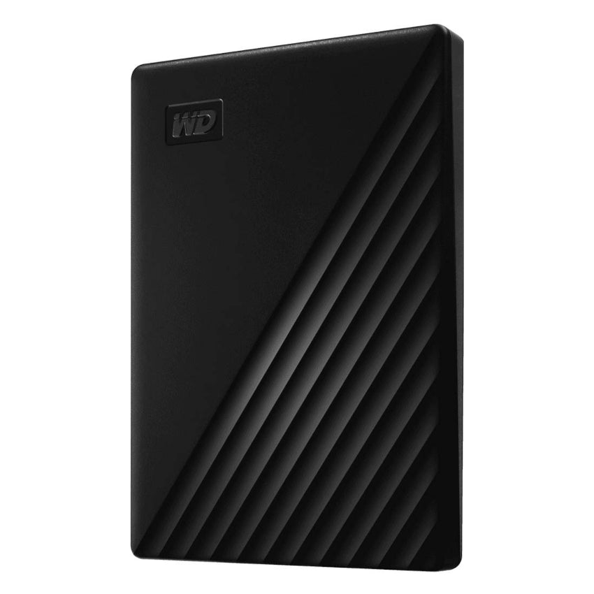 Side angled view of the Black Western Digital My Passport external hard drive on a white background