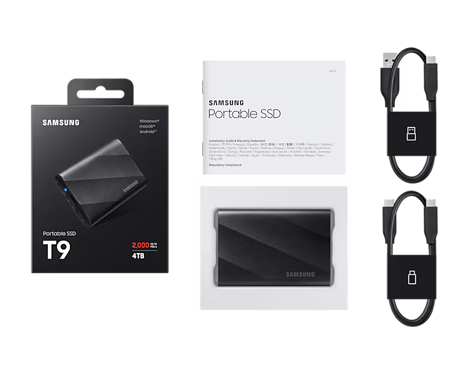 Samsung MU-PG1T0BW T9 Portable SSD 1 TB; Transfer speed up to 2000 MB/s; Write Speed up to 1950MB/s; USB 3.2 (Gen2x2; 20Gbps); A