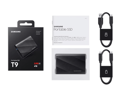 Samsung MU-PG1T0BW T9 Portable SSD 1 TB; Transfer speed up to 2000 MB/s; Write Speed up to 1950MB/s; USB 3.2 (Gen2x2; 20Gbps); A