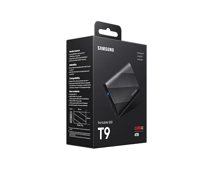 Samsung MU-PG1T0BW T9 Portable SSD 1 TB; Transfer speed up to 2000 MB/s; Write Speed up to 1950MB/s; USB 3.2 (Gen2x2; 20Gbps); A