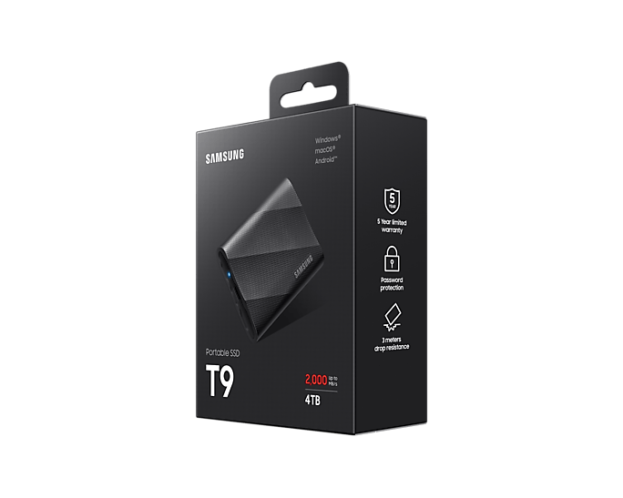 Samsung MU-PG1T0BW T9 Portable SSD 1 TB; Transfer speed up to 2000 MB/s; Write Speed up to 1950MB/s; USB 3.2 (Gen2x2; 20Gbps); A