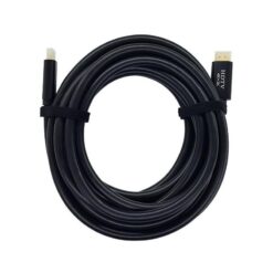 Premium 5-meter MicroWorld HDMI cable with gold connectors and black braided sleeve, shown connecting a 4K television to a gaming console with clear 4K HDR image visible on screen.